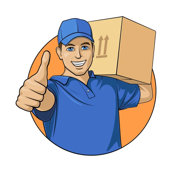 Uśmiechnięty Człowiek Dostawy Niebieskim Mundurze Pudełka Ręce Pokazuje Ilustracja Wektorowa — Wektor stockowy