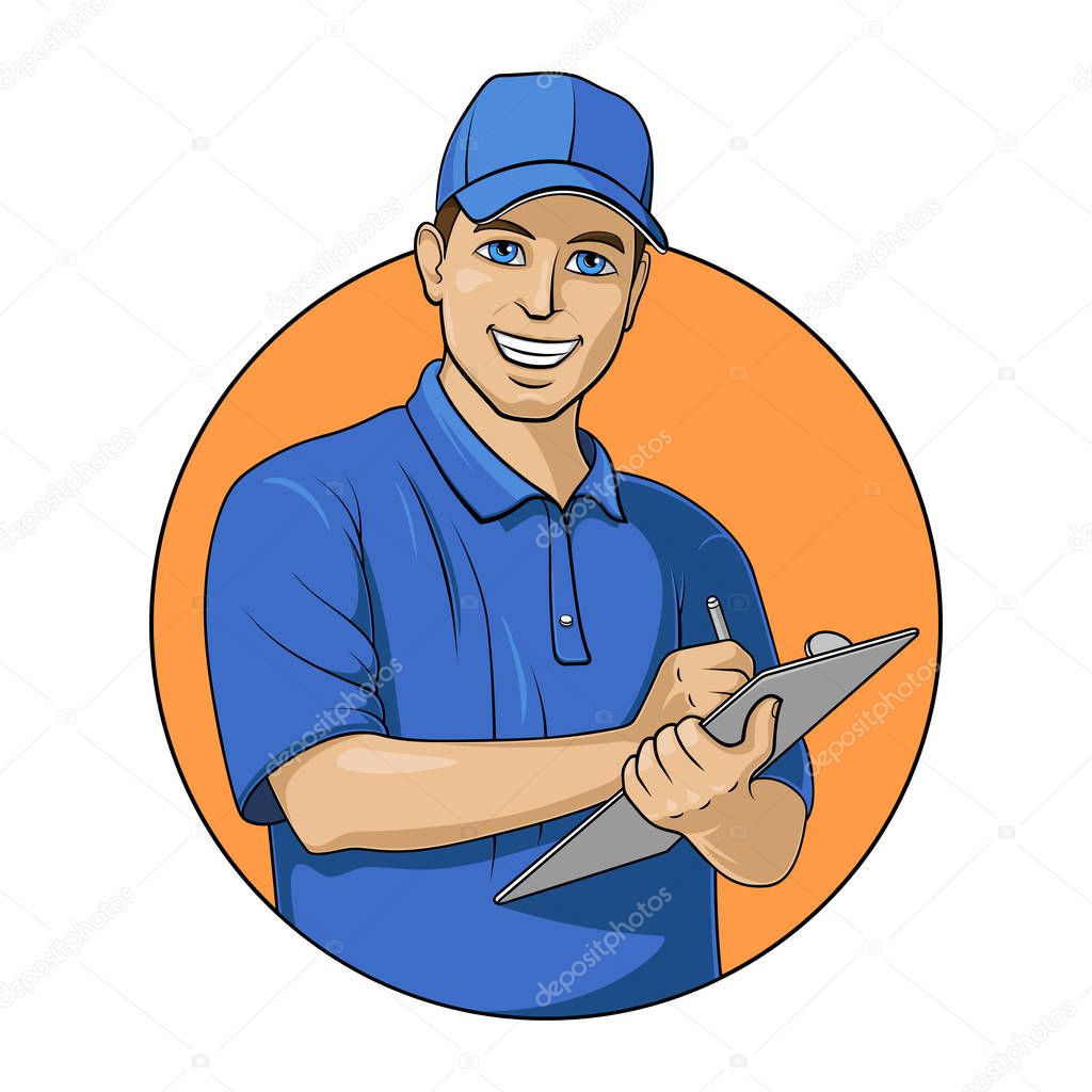 Smiling delivery man accepts the order for delivery. Vector illustration on white background