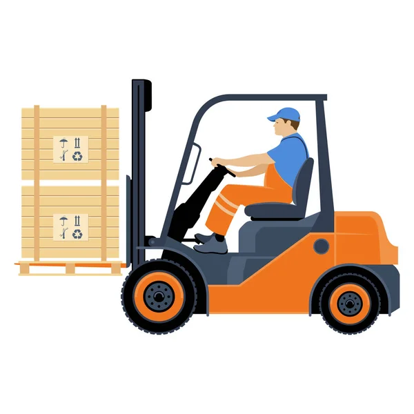 Transportation Goods Forklift Man Works Forklift Vector Illustration Isolated White — Wektor stockowy