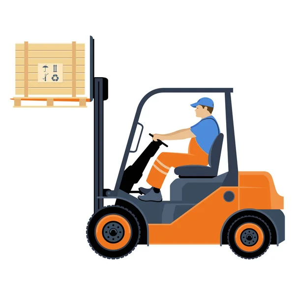 Transportation Goods Forklift Man Works Forklift Vector Illustration Isolated White — Wektor stockowy