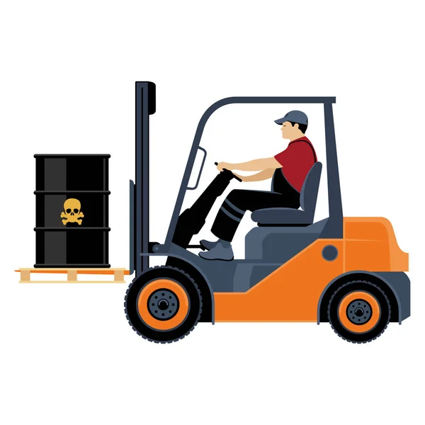 Forklift Ile Mal Taşımacılığı Forkliftteki Bir Adam Zehirli Madde Fıçıları — Stok Vektör