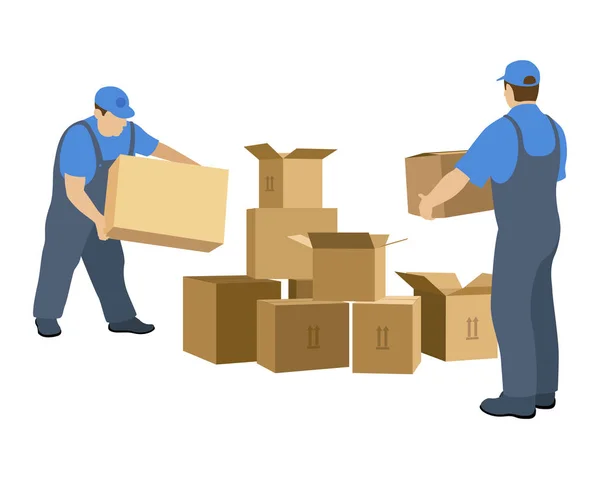 Two Men Relocation Service Make Boxes Vector Illustration Isolated White — ストックベクタ