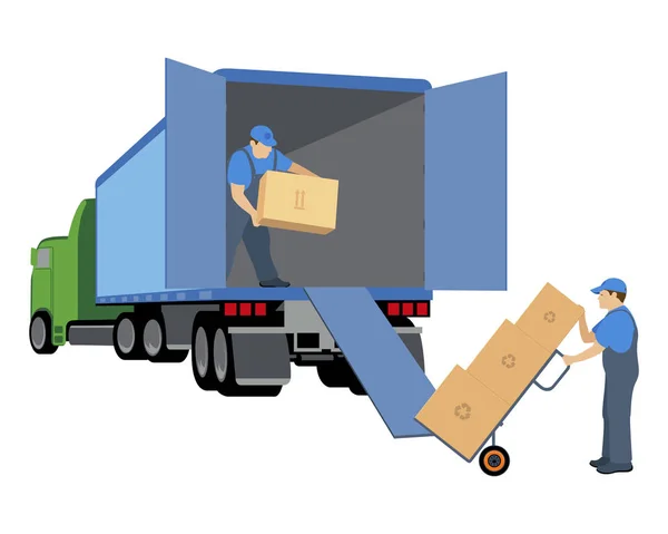 Dwaj Mężczyźni Skrzynie Ładunkowe Usługi Moving Ciężarówce Ilustracja Wektorowa Białym — Wektor stockowy