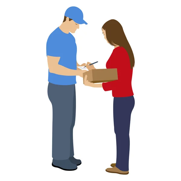 Femme Recevant Colis Service Livraison Courrier Illustration Vectorielle Isolée Sur — Image vectorielle