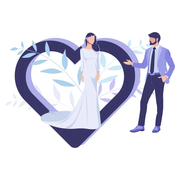 スーツを着た男が結婚式のドレスを着た女の子に手を差し伸べている ベクトルイラスト結婚式カード — ストックベクタ