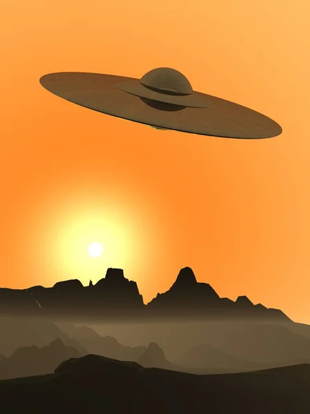 Alien invasion. Flying saucer in the sky. A spaceship of aliens.