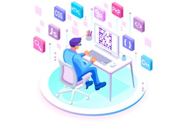 Programmer and engineering development illustration. A developer of project team of engineers for website coding. Software programming, web agency, professional employee at laptop. Isometric vector. clipart