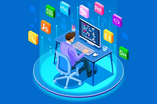 Programmatore Illustrazione Sviluppo Ingegneristico Sviluppatore Team Ingegneri Codifica Siti Web — Vettoriale Stock