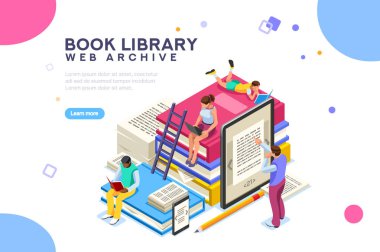 Sözlük, ansiklopedi veya web Arşiv Kütüphanesi. Teknoloji ve edebiyat, ortam kitaplığı dijital kültür. Clipart etiket simgesi web afiş için. Düz izometrik insanlar görüntü, vektör çizim.