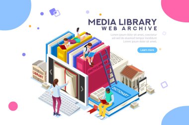 Sözlük, ansiklopedi veya web Arşiv Kütüphanesi. Teknoloji ve edebiyat, ortam kitaplığı dijital kültür. Clipart etiket simgesi web afiş için. Düz izometrik insanlar görüntü, vektör çizim.