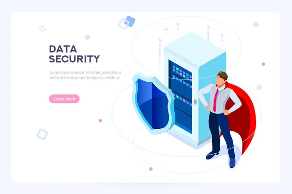 ハード ディスクのデータをセキュリティで保護されたベース セキュリティとアンチ ウイルス保護 センターやデータ センターのネットワーク 通信の業界 Net をホストまたはデータベースの概念 平らな等尺性画像 — ストックベクタ