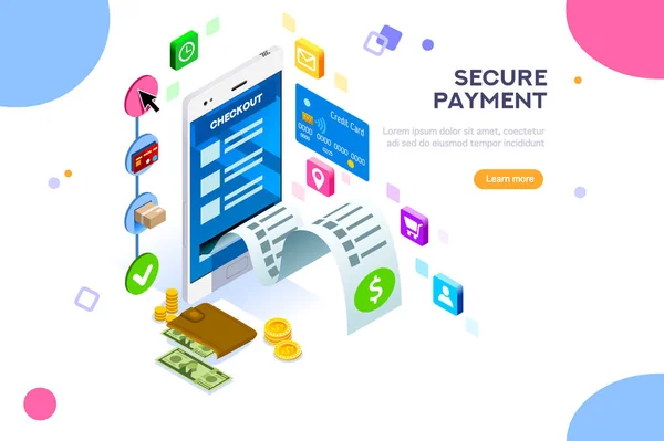 Online ödeme. Internet ödemeler, para, cep telefonu işlemlerde korunması. Web afiş, infographics, kahraman görüntüleri için kullanabilirsiniz. Beyaz arka plan üzerinde izole düz izometrik vektör çizim.