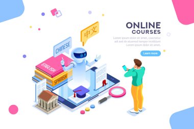 Çince dil kavramı okul. E-öğrenme kursu ya da ders. Çizgi film online kitap sınıflarıyla kelimelerin bir izometrik karakteri ile öğretim. Beyaz arka plan üzerinde izole vektör çizim.