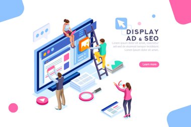 Ekip insanlar iş birlikte kodlama. SEO Optimizasyon işlemi arama hedef için. Sosyal içerik geliştirme aracını tıklatın ödemek. Düz izometrik karakter illüstrasyon vektör. Kampanya görüntüleme.