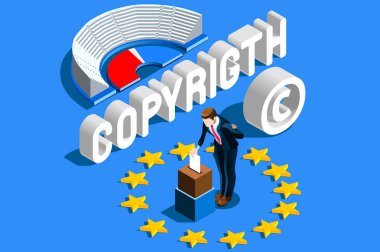 Telif hakkı Avrupa Yönetmeliği. Avrupa Birliği Parlamentosu içerik telif hakkı hukuku oylama. Europe yazar hakları koruma oy. AB bayrağı izometrik vektör çizim düz.
