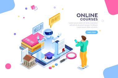 İngilizce okul dil kavram. E-öğrenme kursu ya da ders. Çizgi film online kitap sınıflarıyla kelimelerin bir izometrik karakteri ile öğretim. Beyaz arka plan üzerinde izole vektör çizim.