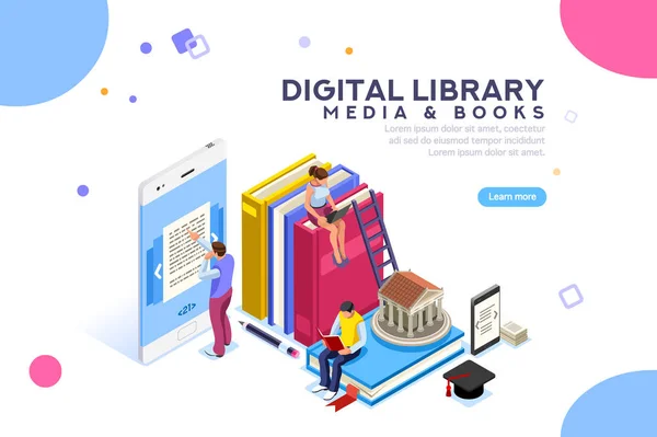 Concepto Mediateca Book Leyendo Libro Electrónico Para Estudiar Biblioteca Electrónica — Vector de stock