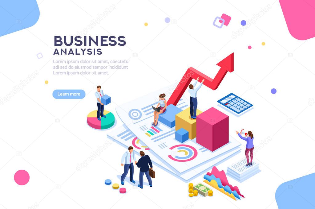 Balance financial value, management and administration concept. Characters, people engineering a plan. Statistic, calculating financial risk graph. Flat Isometric characters vector illustration.