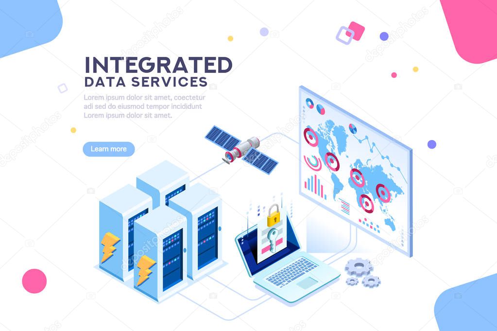 Energy station of future. hardware of global data center, electronic server net for software solutions to share informations on digital network. ethernet technology. Flat isometric illustration vector