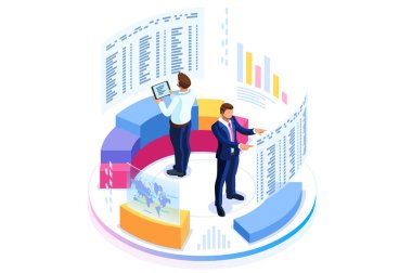Mali idare kavramı. Şirket performansı, analiz konsepti danışmanlığı. İstatistik ve iş beyanı. Pankart ya da iş kahramanı resimleri için düz izometrik bilgi grafikleri.