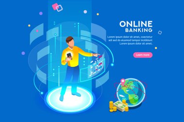 VR, sanal gerçeklik ve fütüristik bankacılık anlayışı ile karakter. Gelecekte, smartphone teknoloji Gadget'ı ödeme için. Düz izometrik karakter vektör çizim.