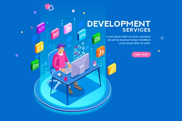 文字の概念を持つデバイス プログラム開発者は コンピューターのデスクトップ ソフトウェアを書くウェブサイトを作成します エンジニア男性プログラマーがプログラミングします コンセプト フラット等尺性ベクトル図リンク先ページ — ストックベクタ