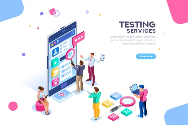 Testprozess Programmierteam Für Software Infografiken Für Smartphone Teamwork Gerät Content — Stockvektor