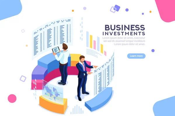 Empresario Gráfico Isométrico Dispositivo Análisis Estratégico Económico Analizar Progreso Futuro — Archivo Imágenes Vectoriales