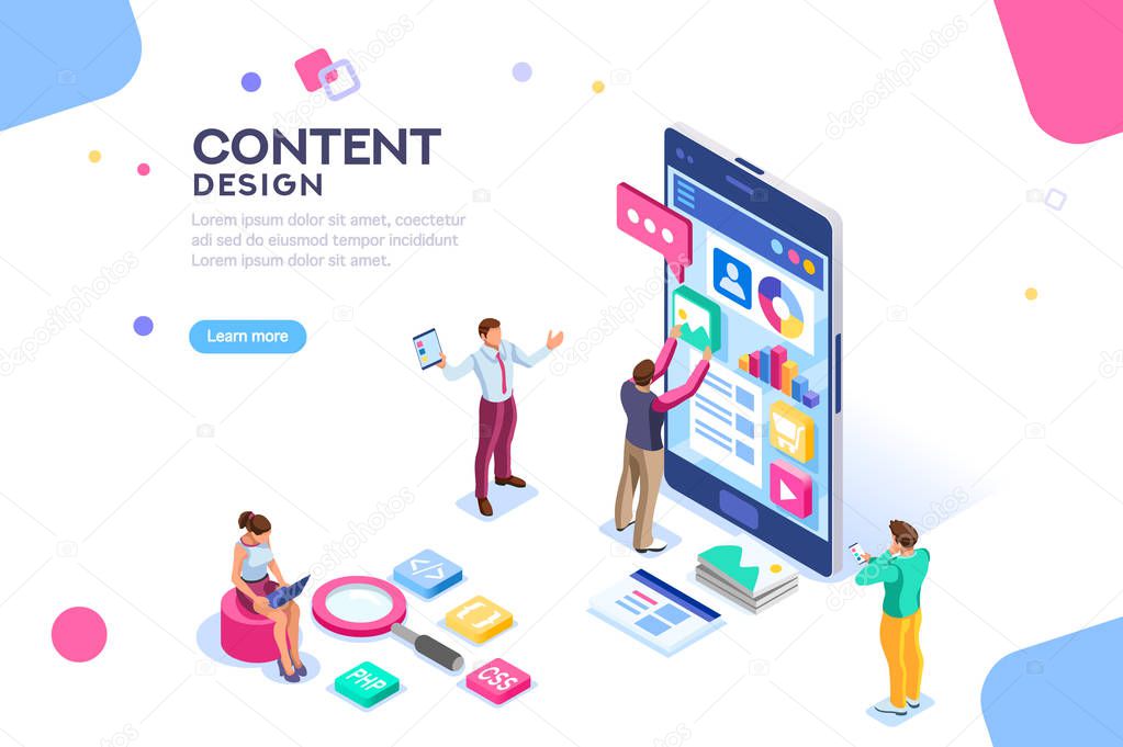 Software infographics, code place, idea for designer content. UI design concept with character and text. Programming seo phone vector illustration. Flat isometric concept with characters. Landing page