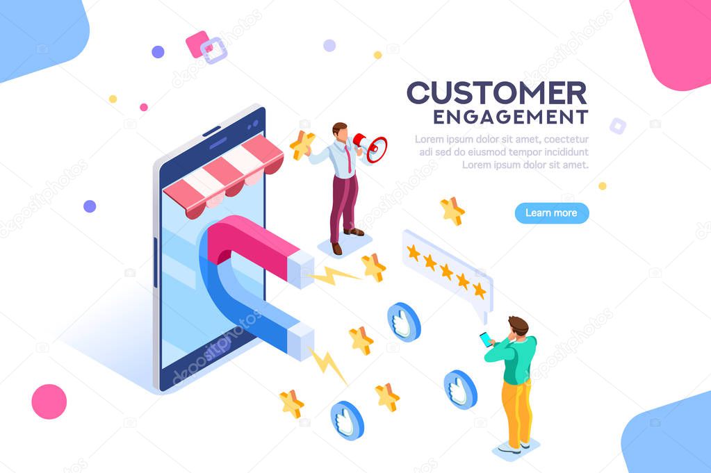 Shopping process of customer. Infographic of Seo on a smartphone. Purchase on website campaign a message to engagement for a like or a star. Review of search content. Isometric flat vector