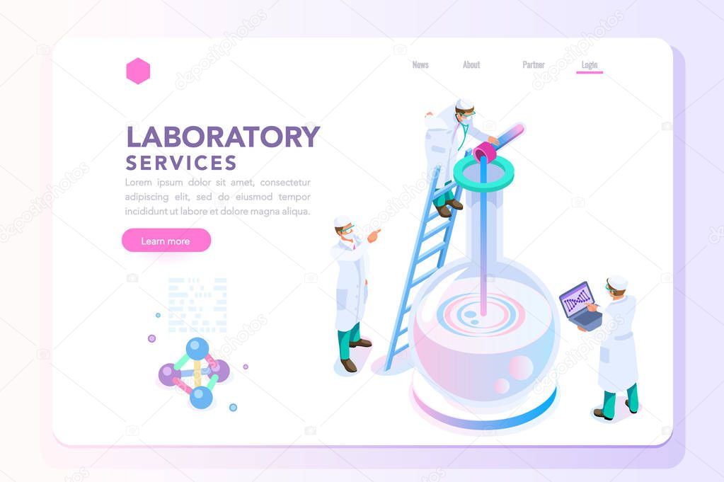 Health and biochemistry laboratory of nanotechnology. Molecule helix of dna, genome or gene evolution. Vector beauty science genome clone sequence concept with characters. Flat isometric illustration.