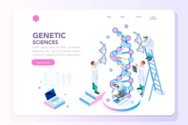 Nanoteknoloji sağlık ve biyokimya laboratuvar. Molekül sarmal dna, genom veya gen evrim. Vektör mavi genom klon dizi kavramı karakterlerle. Düz izometrik çizimde.