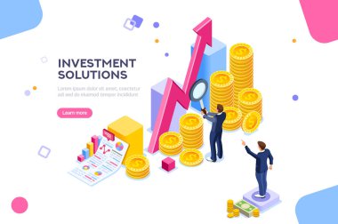 Banka kalkınma ekonomi stratejisi. Yatırımlar için ticari çözümler, analiz konsepti. Satışların analizi, istatistiksel büyüme verileri, muhasebe bilgileri. Ekonomik mevduatlar düz izometrik illüstrasyon