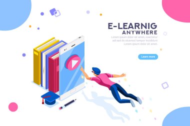 Öğretici Infographic, mezuniyet, e-öğrenme araştırma, üniversite sınavı, üniversite araştırma, online kurslar kavramı. Karakter öğretim kurs veya seminer öğrenciler dünya için. Düz izometrik vektör.