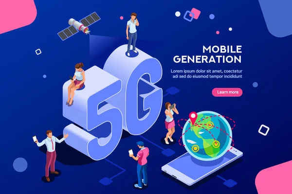 互联网系统电信服务 Wifi 广播和数据生成 手机5G 智能手机信号 速度技术 全球广播云 具有字符图示的等距概念 — 图库矢量图片