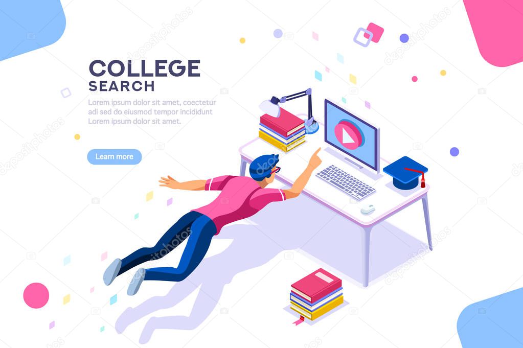 Tutorial infographic, graduation, e-learning research, university exam, college research, online courses concept. Character teaching course or seminar for students in the world. Flat isometric vector.