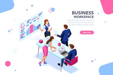 İşletme iş akışı yönetimi, ofis durumlar. İnsanların çalışma alanı yaratıcı etkileşim. Gözlük ile oturan Geliştirici Web sitesi beyin fırtınası. Infographic işyeri koleksiyonu, Tasarım sayfa düz izometrik