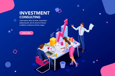 İş danışmanı takım. Yatırım, danışman tartışma toplantı, hesap yönetimi. Veri gelir grafik profesyonel analiz, finansal analist kavramı. Düz izometrik çizimde karakterlerde