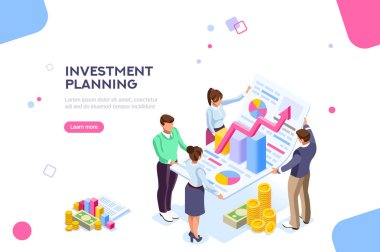 Yaratıcı gelir satış için planlama. Takım çalışması, hesap Şirket, kurumsal sonuç artırın. Büyüme kavramı karakterleri ve metin hizmetleri ile. Düz izometrik Infographic görüntü illüstrasyon vektör.