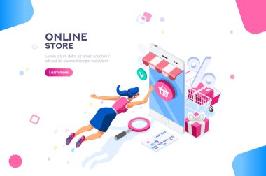 Genç alıcı kavramı online smartphone öğeleri kullanarak. Tüketici ve moda e-ticaret, tüketim veya satış kavramı. Karakter, metin deposu için. Düz izometrik Infographic görüntü illüstrasyon vektör