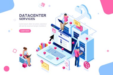 İnternet veri tabanı bağlantısı, web sunucu konsepti yöneticisi. Hizmet için karakter ve metin. Güvenli sunucu için teknik onarım merkezi donanım yazılım veritabanı. Düz izometrik vektör çizimi