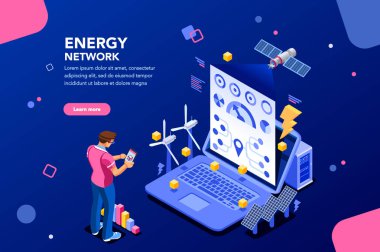 Artırılmış gerçeklik bağlantı ve hesap oluşturma enerji istasyonu. Gelecekte, futuristik grafik uygulama, e-posta veya infographics enerji görselleştirilmesi. Ağın altyapısı. Düz izometrik tasarım.
