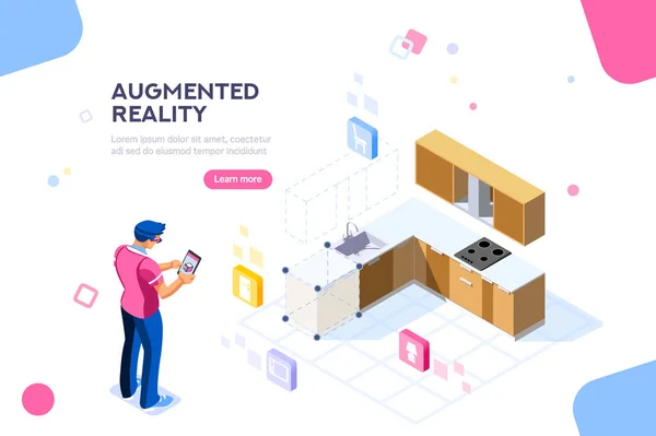 Augmented Reality Visualisatie Apparaat Teken Een Concept Van Meubilair Toepassing — Stockvector
