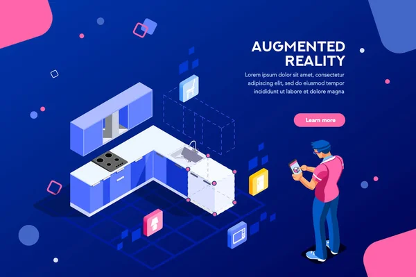 Augmented Reality Visualisatie Apparaat Teken Een Concept Van Meubilair Toepassing — Stockvector