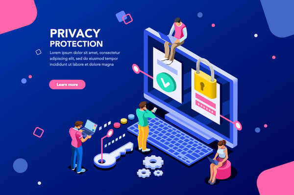 Infographic, banner with hero protect data and confidentiality. Safety and confidential data protection, concept with character saving code and check access. Flat isometric vector illustration.