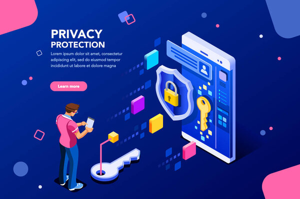 Infographic, banner with hero protect data and confidentiality. Safety and confidential data protection, concept with character saving code and check access. Flat isometric vector illustration.
