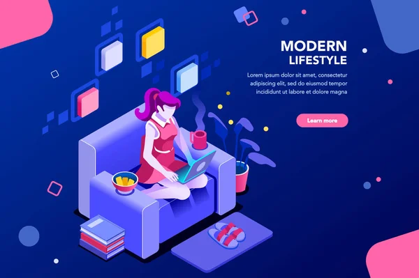 Kanepede Oturan Kız Dizüstü Bilgisayarla Çalışıyor Web Sitesi Için Modern — Stok Vektör