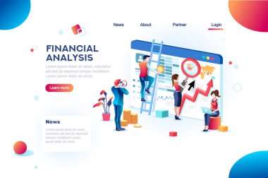 Finans analistler. Analytics Web sitesi, Infographic büyütme küçük sosyal sunum için kavramı. Küresel işgal kavramı karakterleri ve metin ile çalışma. Düz izometrik vektör çizim.