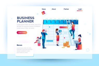 Zaman yönetimi. Saat planlama ve kaydetme. Infographic, masaüstü takvim iş kontrolünü. Hedef proje zamanlamasını Resepsiyon kavramı karakteri ve metin. Düz izometrik görüntüleri, vektör çizim.