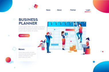 Zaman yönetimi. Saat planlama ve kaydetme. Infographic, masaüstü takvim iş kontrolünü. Hedef proje zamanlamasını Resepsiyon kavramı karakteri ve metin. Düz izometrik görüntüleri, vektör çizim.